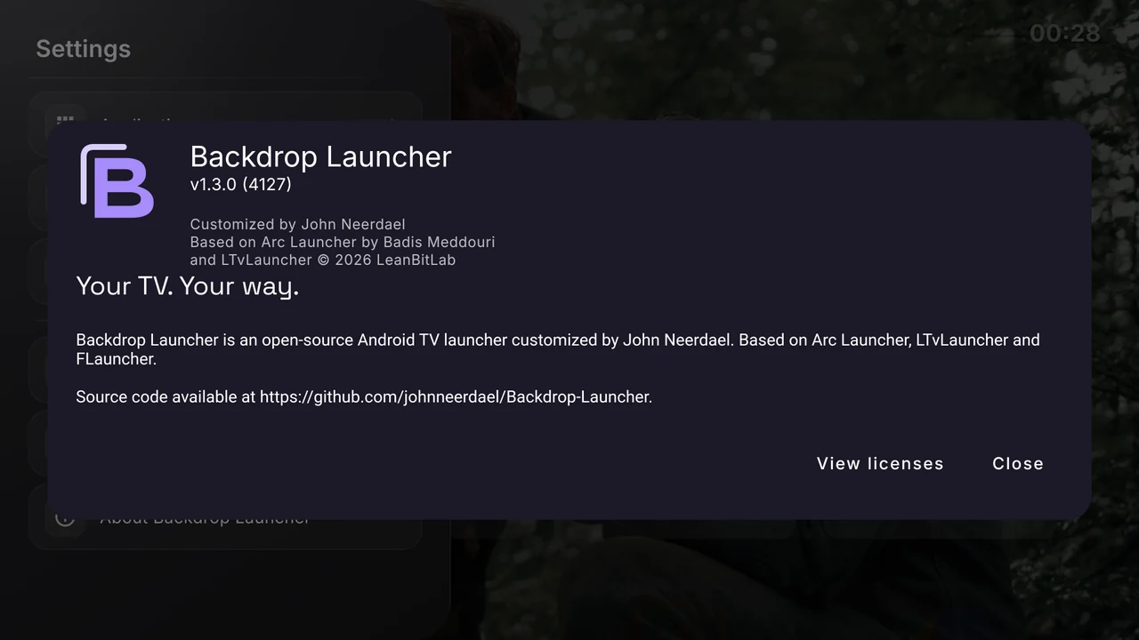 Backdrop Launcher About screen with its supplied identity, version and licence access