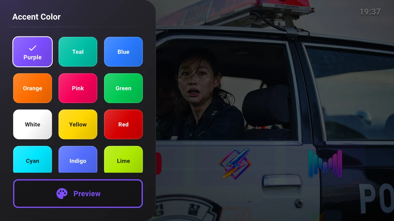 Accent Color settings showing the swatch grid and a purple preview