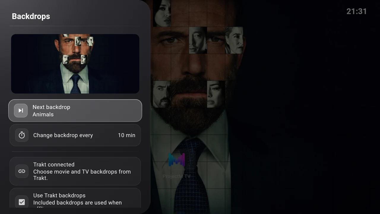 Backdrops settings with current artwork, rotation interval and Trakt controls