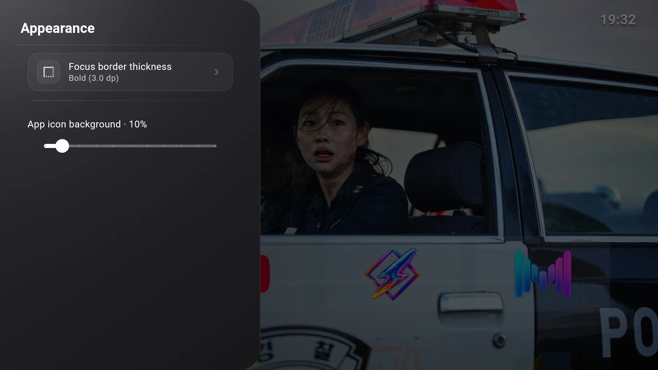 Appearance settings with focus border thickness and app icon background opacity