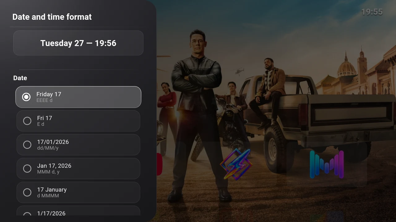 Date and time format settings with a live preview and date presets