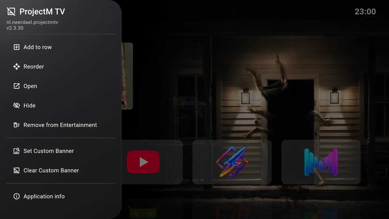 An app action menu with Add to row, Reorder, Open, Hide, artwork and Android app actions