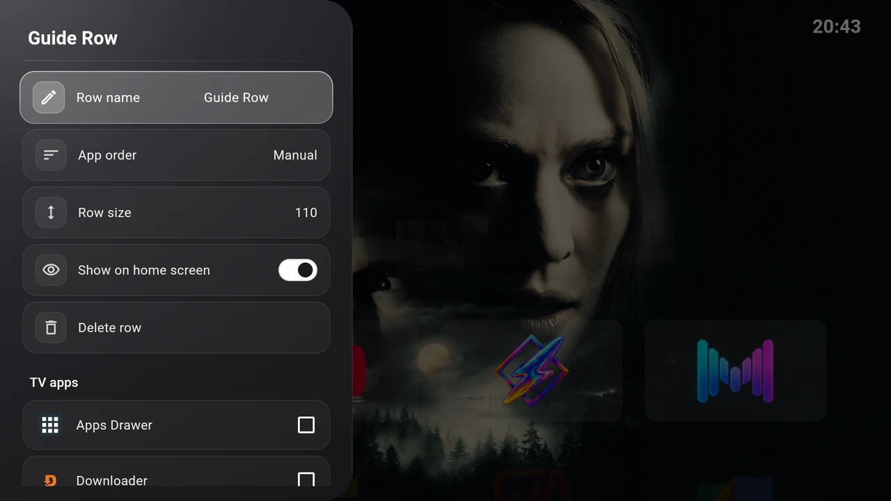 Row editor showing the row name, app order, row size and visibility controls