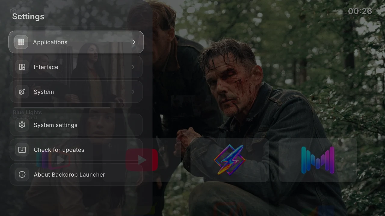 Backdrop Launcher Settings with Applications, Interface, System, updates and About
