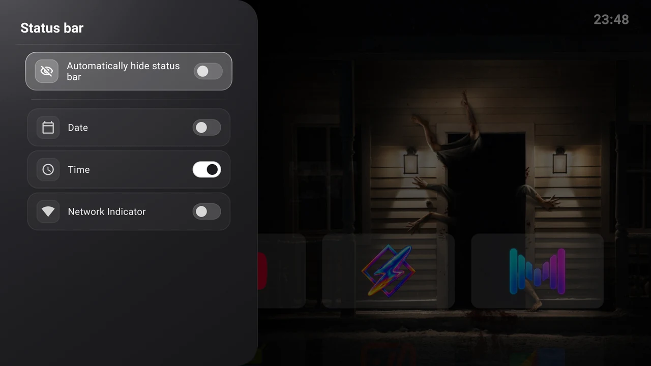 Current Status bar settings with automatic hiding, Date, Time and Network Indicator
