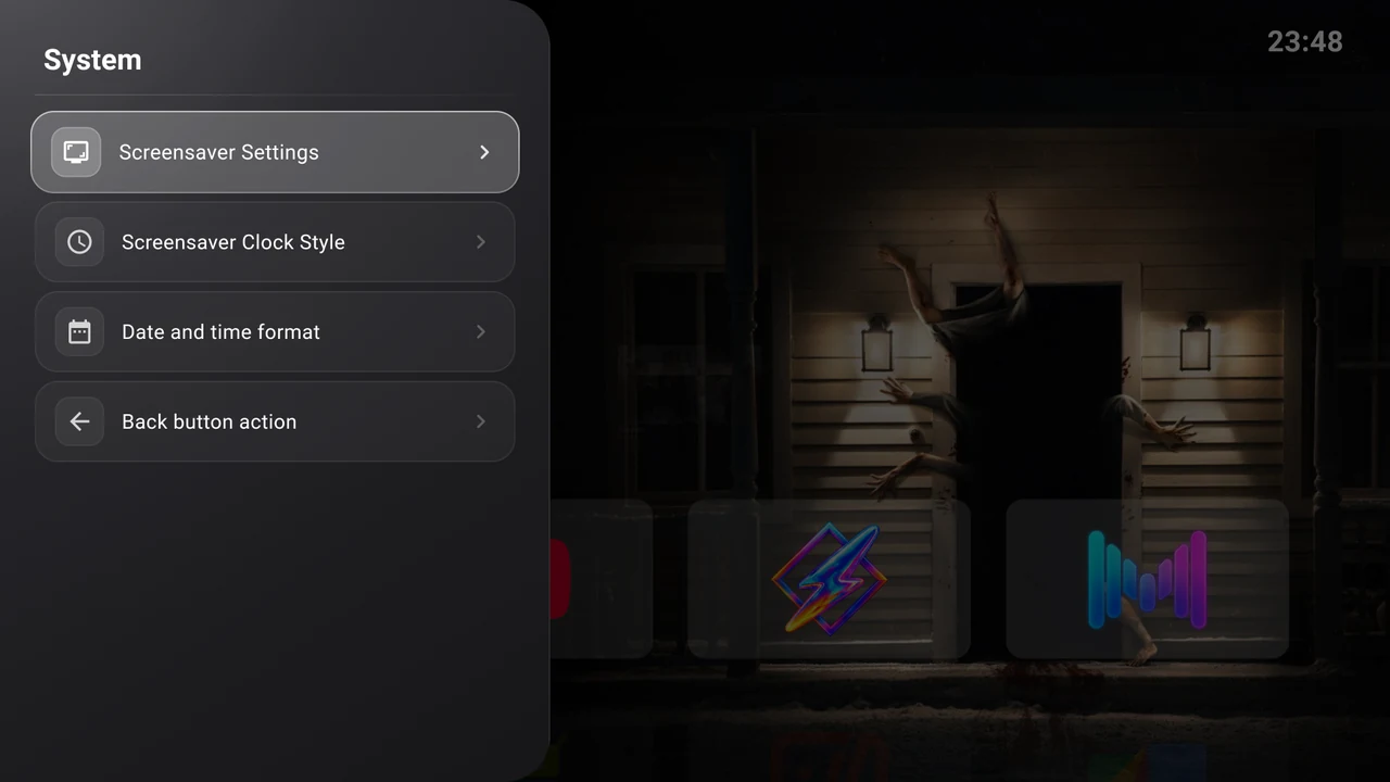 Current System settings: Screensaver Settings, Screensaver Clock Style, Date and time format, and Back button action