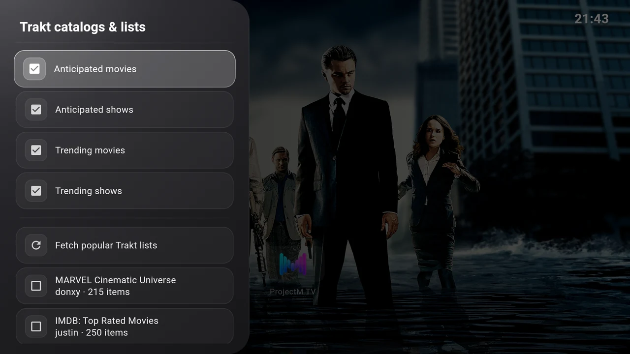 Trakt catalogs and public lists with source checkboxes