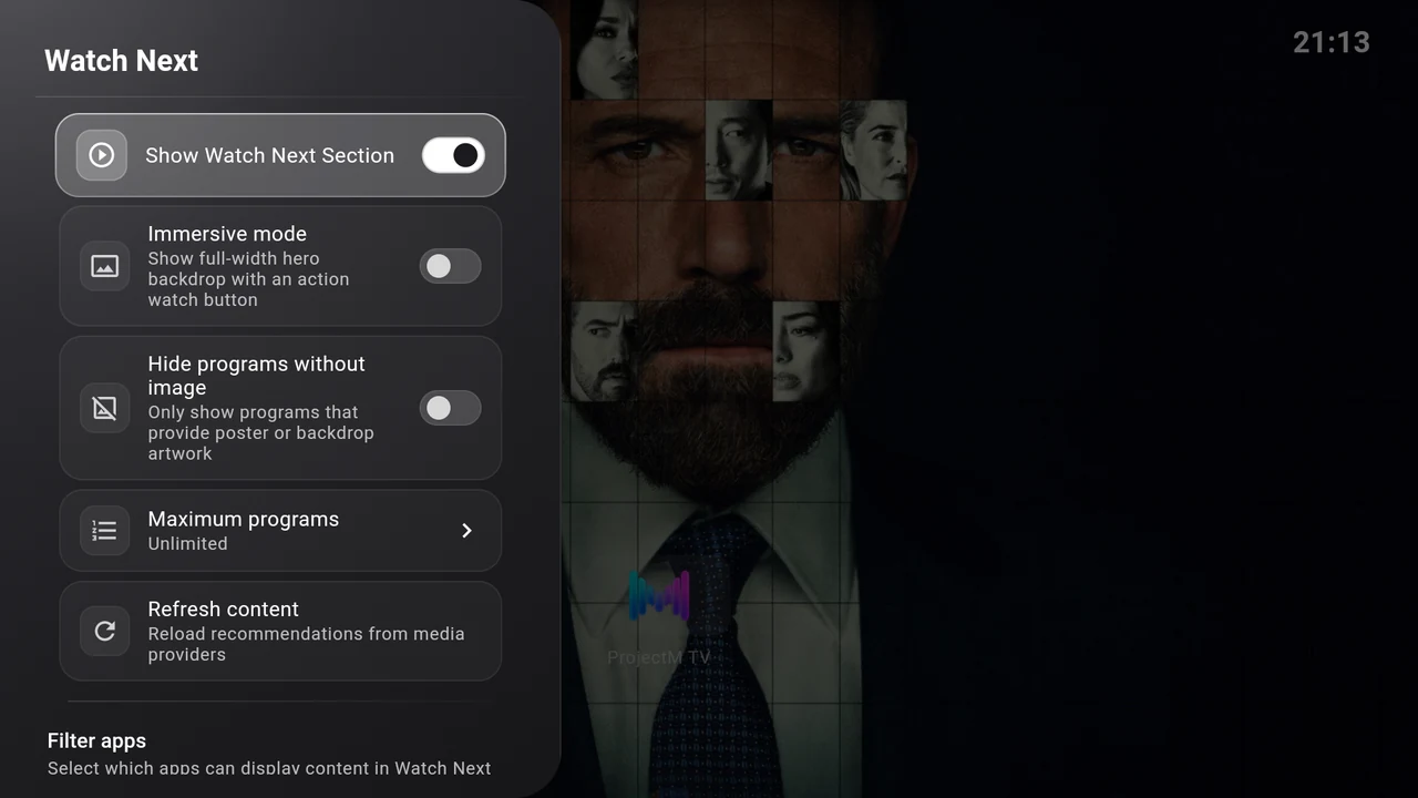 Watch Next settings with the main switch and display options